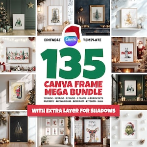 Pacchetto mockup di cornici natalizie Canva, livello ombra extra, mockup di decorazioni murali, cornice singola e multipla