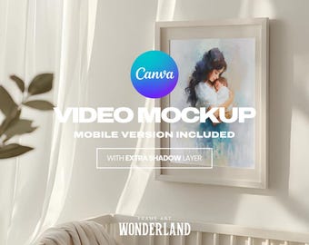 Canva Video Frame Mockup, Nursery Wall Art Mock, Editable Template, Square, Mobile, Shadow layer