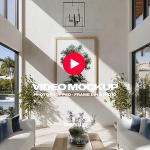 May include: Interior scene featuring a framed artwork with a tree illustration, a large red play button, and the text "VIDEO MOCKUP". The frame is light-colored, and the room has white walls and large windows.