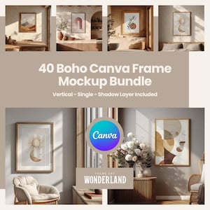 May include: A promotional image showcasing a bundle of 40 Boho Canva Frame Mockups. The image features framed art prints with various designs, including abstract shapes and botanical illustrations. The text on the image reads "40 Boho Canva Frame Mockup Bundle".