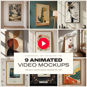 Könnte beinhalten: Eine Sammlung von neun gerahmten Wandkunst-Mockups mit verschiedenen Illustrationen wie Landschaften, einem Dinosaurier, abstrakten Formen und Blumenmotiven in verschiedenen Innenräumen mit dem Text 9 ANIMATED VIDEO MOCKUPS.