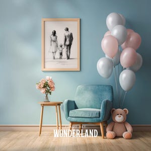 Puede incluir: Un boceto a lápiz enmarcado de una familia caminando junta cuelga de una pared azul claro. Un ramo de rosas rosas se encuentra sobre una pequeña mesa de madera junto a un sillón verde azulado. Un oso de peluche y globos completan la escena.