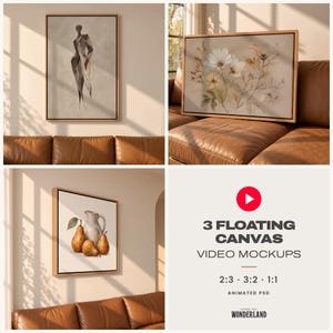 May include: A set of three floating canvas mockups featuring a vertical abstract figure, a horizontal floral arrangement, and a square still life of pears and a pitcher, all displayed in light wood frames with a 2:3, 3:2, and 1:1 aspect ratio.