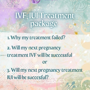 Puede incluir: Un fondo de acuarela rosa pastel, azul y verde con cristales e ilustraciones de espermatozoides. El texto dice: "Crystal Tarot Tarot Reader IVF, IUI Treatment package 1. Why my treatment failed? 2. Will my next pregnancy treatment IVF will be successful or 3. Will my next pregnancy treatment IUI will be successful?"