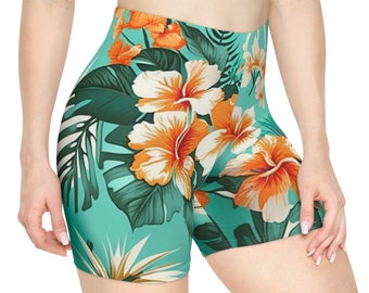 High Waisted Tropical Floral Biker Shorts, Spandex Workout Yoga Athleisure