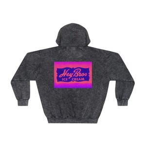 May include: Dark gray hooded sweatshirt with a faded, vintage look. The back features a rectangular design with the words "Hey Bros Ice Cream" in a retro font, with a pink and purple gradient background.