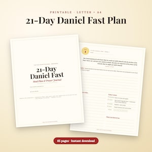 May include: A printable 21-Day Daniel Fast Plan document featuring a meal plan and prayer journal. The cover page displays the title 21-Day Daniel Fast Meal Plan & Prayer Journal, while the interior page includes daily tracking sections.