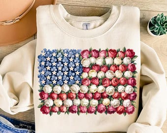 Floral American Flag PNG: Retro 4th of July Design (Digital Download, 300 DPI)