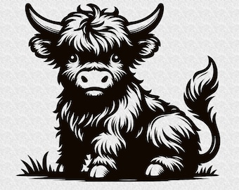 Schattige Highland Cow zittend Svg, baby koe Svg, koe Svg, Highland Cow Svg, schattige koe Svg, silhouet, Highland Cow Clipart vector gesneden bestand