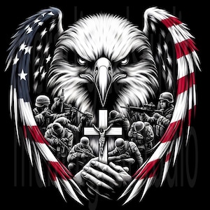 Könnte beinhalten: Eine Schwarzweißillustration eines Weißkopfseeadlers mit ausgebreiteten Flügeln, die eine Herzform bilden. Im Herzen knien Soldaten um ein Kreuz mit einer Jesus Christus-Figur darauf. Die Flügel des Adlers sind mit der amerikanischen Flagge verziert.