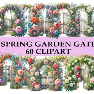 May include: A set of 60 digital clipart images featuring spring garden gates adorned with lush greenery and vibrant flowers. The gates are made of wood and have a rustic charm. The flowers are in various shades of pink, purple, white, and yellow.