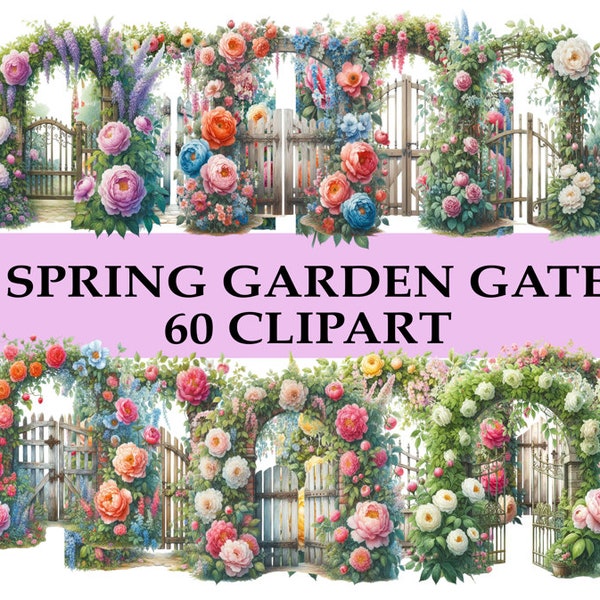 Spring Rustic Garden Gate Watercolor Clipart Bundle, 60 PNG Nature Scenery Image, Instant Digital Download, Flowers Clipart, Commercial Use,