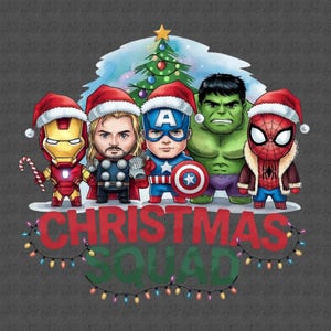 May include: A Christmas-themed illustration featuring the Avengers characters Iron Man, Thor, Captain America, Hulk, and Spiderman wearing Santa hats. The characters are standing in front of a Christmas tree with lights and the text "CHRISTMAS SQUAD" below them.