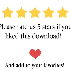Op de afbeelding: Witte achtergrond met vijf gele sterren bovenaan. De tekst luidt: "Beoordeel ons met 5 sterren als je deze download leuk vond!" Een rood hart staat onder de tekst, gevolgd door de woorden: "En voeg toe aan je favorieten!"