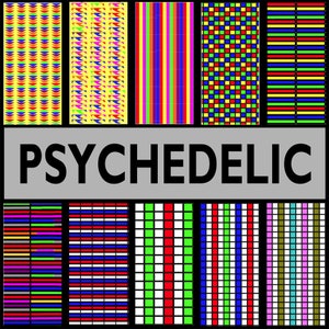 May include: A digital collage of colorful geometric patterns, including stripes, squares, and abstract shapes. The word "PSYCHEDELIC" is printed in black letters on a gray background.