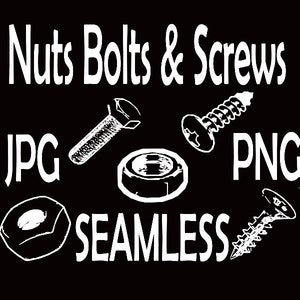 Puede incluir: Ilustración en blanco y negro de tuercas, tornillos y clavos con las palabras "Nuts Bolts & Screws", "JPG", "PNG" y "SEAMLESS" en texto blanco.