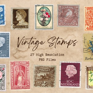 vintage Timbres Clipart - variété de 27 timbres-poste, fichiers png de téléchargement numérique, clipart numérique, journalisation, collage, téléchargement immédiat