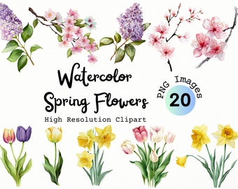 Watercolor Spring Flowers Clipart | 20 PNG Images (Digital Download)
