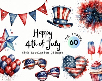 4 de julio Acuarela Clipart / 60 Imágenes PNG / Descargas digitales para el Día de la Independencia, Helado, Globos, Fuegos Artificiales Clipart, Americano