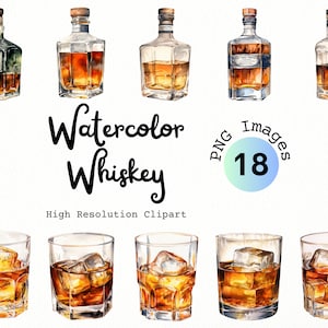 Acquerello Whisky Glass Clipart / Cocktail Clipart / Whisky PNG / Whisky Bottle Clipart / Drinks Clipart Bundle / Glass of Bourbon Clipart