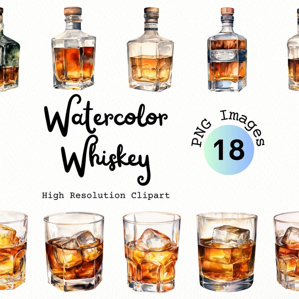 Watercolor Whiskey Glass Clipart | Cocktail Clipart | Whisky PNG | Whiskey Bottle Clipart | Drinks Clipart Bundle | Glass of Bourbon Clipart