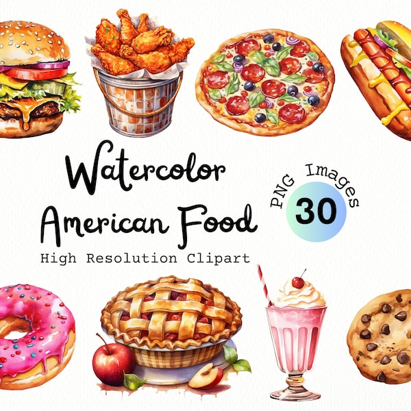 American Food Watercolor Clipart | 30 PNG Images of Fast Food, Desert and American Cuisine | Barbecue Clipart | 4th of July Clipart | Pizza