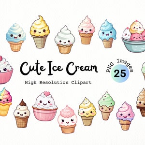Cute Ice Cream Clipart Bundle - PNG format with Transparent Background | Kawaii Ice Cream Cones | Kawaii Dessert Clipart | Cartoon Ice Cream