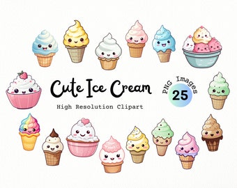 Kawaii Ice Cream Clipart Bundle – 25 PNG Images (Digital Download)