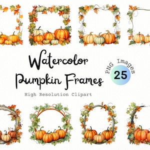 Aquarelle citrouille cadres Clipart Bundle PNG | Feuilles d'automne | Clipart Halloween | Couronnes de citrouille | Action de grâce | Feuilles d'automne | Les frontières