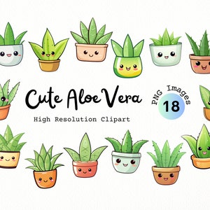Lindo paquete de imágenes prediseñadas de Aloe Vera - formato PNG con fondo transparente / Imágenes prediseñadas de plantas Kawaii / Plantas del desierto Kawaii / Plantas de dibujos animados
