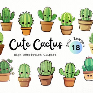 Cute Cactus Clipart - imágenes prediseñadas de cactus feliz, cactus kawaii, cactus lindos, plantas felices, imágenes prediseñadas de postre - Descarga instantánea 18 imágenes PNG