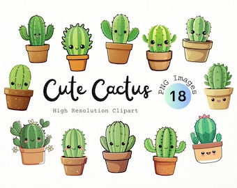 Kawaii Cactus Clipart – 18 Happy Plant PNG Images (Digital Download)