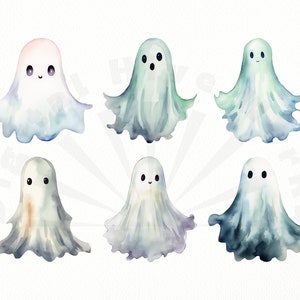 Pu&ograve; includere: Sei illustrazioni ad acquerello di fantasmi carini in varie tonalit&agrave; di blu e verde. I fantasmi hanno volti semplici e amichevoli e sono perfetti per decorazioni o artigianato di Halloween.