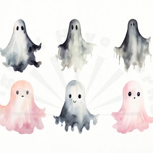 Pu&ograve; includere: Sei illustrazioni di fantasmi ad acquerello in varie tonalit&agrave; di rosa, grigio e bianco. I fantasmi hanno diverse espressioni facciali, tra cui felici, sorpresi e neutrali.