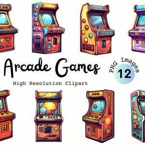 Puede incluir: Un conjunto de ocho ilustraciones coloridas de gabinetes de juegos de arcade retro. Los gabinetes están en varios estados de desgaste, algunos con pintura descolorida y otros con rasguños. Cada gabinete presenta una pantalla de juego diferente, incluyendo un juego de disparos espaciales, un juego de carreras y un juego de rompecabezas. Los gabinetes están todos sobre un fondo blanco.