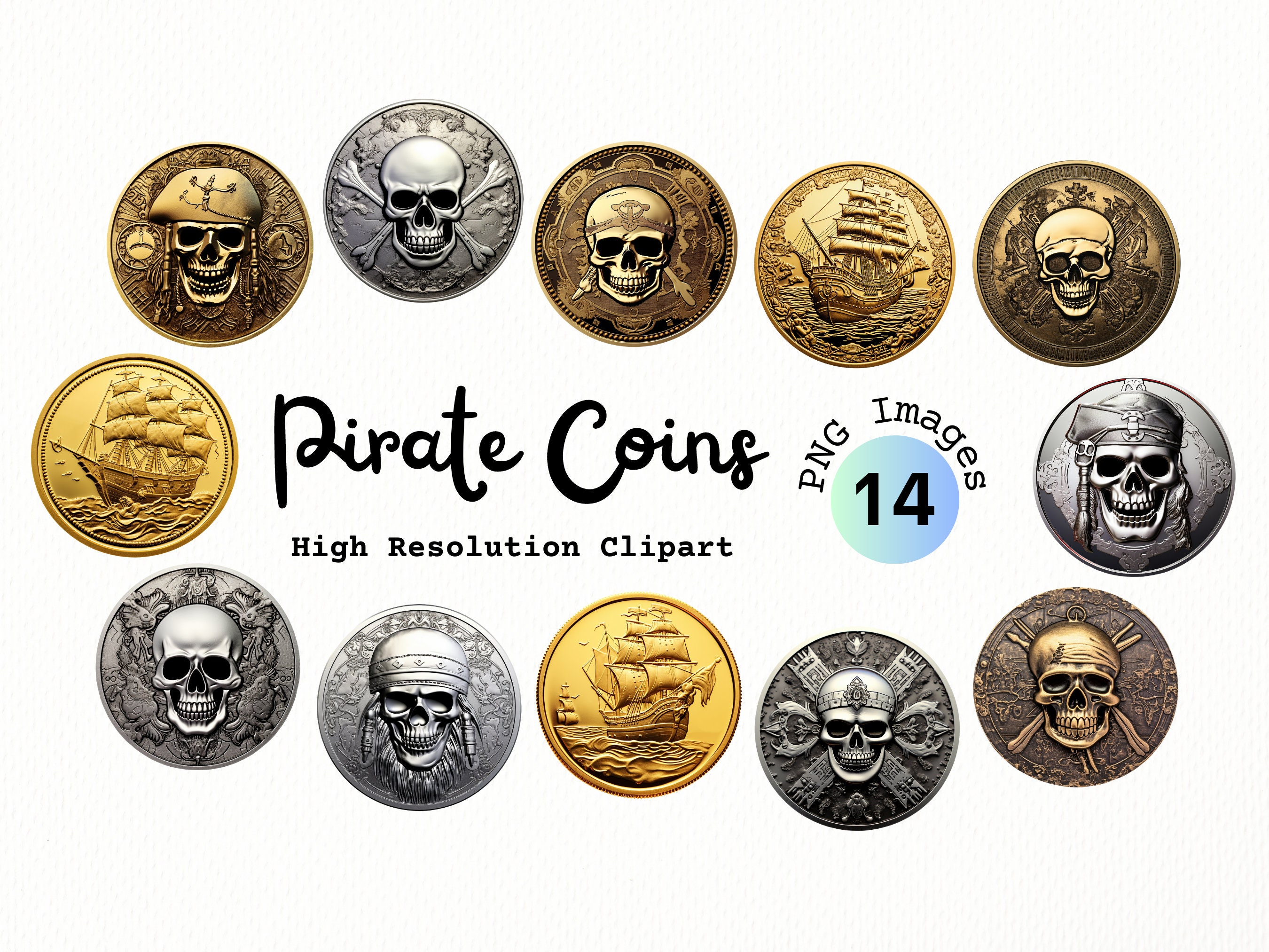 Pirate Coins Clipart Bundle - Cold and Silver Pirate Treasure in PNG format with transparent background | Pirate Ship | Sea | Ocean | Chest