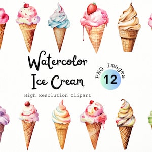 Aquarell Eis Clipart Bundle - 12 transparente PNG Bilder - Sofort Download - Persönliche und kommerzielle Nutzung | Sommer | Eisdiele
