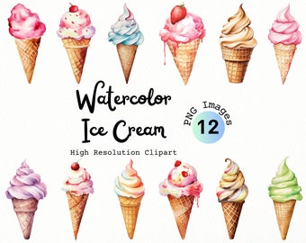 Watercolor Ice Cream Clipart – 12 PNG Images, Summer Treats (Digital Download)