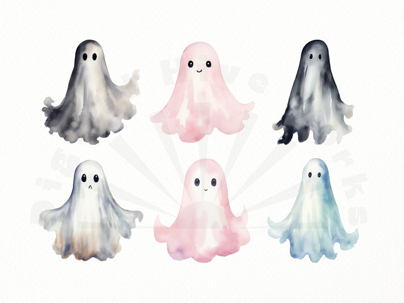 Pu&ograve; includere: Sei illustrazioni di fantasmi ad acquerello in vari colori, tra cui grigio, rosa e blu. Ogni fantasma ha un viso semplice e amichevole con occhi neri e una piccola bocca.