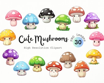 Cute Mushrooms Clipart Bundle - Kawaii cartoon mushrooms in PNG format perfect for digital stickers, journaling and more | Fungi Clipart