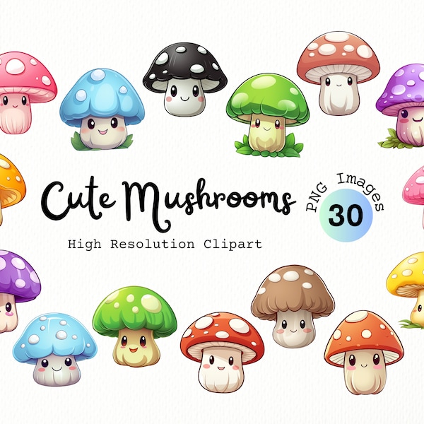 Cute Mushrooms Clipart Bundle - Kawaii cartoon mushrooms in PNG format perfect for digital stickers, journaling and more | Fungi Clipart