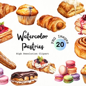 Aquarel gebak Dessert Clipart | 20 PNG-afbeeldingen van gebak en desserts | Commercieel gebruik | Brood Clipart | Bakkerij Clipart | Taarten