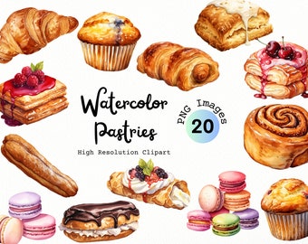 Watercolor Pastries Dessert Clipart | 20 PNG Images of pastries and desserts | Commercial Use | Bread Clipart | Bakery Clipart | Cakes