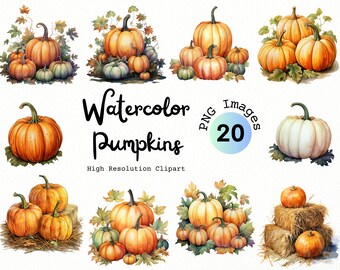 Watercolor Pumpkin Clipart | 20 Autumn PNG Images (Digital Download)