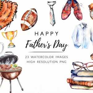 Watercolor Father&#39;s Day Clipart, Happy Fathers Day - neckties, socks, trucks, sports, barbecue - 23 PNG Images Instant Download