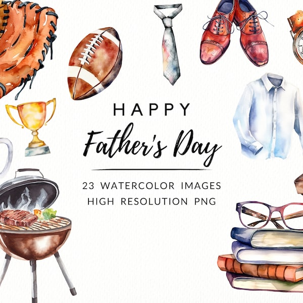 Watercolor Father's Day Clipart, Happy Fathers Day - neckties, socks, trucks, sports, barbecue - 23 PNG Images Instant Download