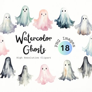 May include: A set of 18 watercolor ghost illustrations in various colors, including pink, blue, and gray. The ghosts have different expressions and are perfect for Halloween crafts and decorations.