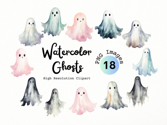 Watercolor Ghost Clipart Bundle – Cute Halloween PNG Images (Digital Download)