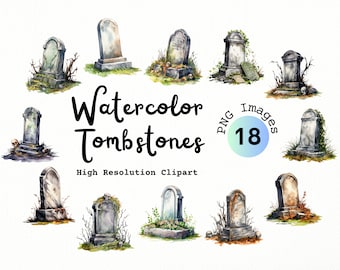 Watercolor Tombstones Clipart Bundle - PNG format with transparent background | Gravestones | Headstones | Cemetery Graveyard | Halloween