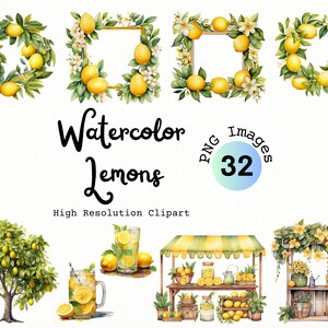 Puede incluir: Ilustraciones de acuarela de limones, incluyendo coronas, marcos, un limonero, limonada y un puesto de limones. El texto "Watercolor Lemons" y "PNG Images 32" también está incluido.